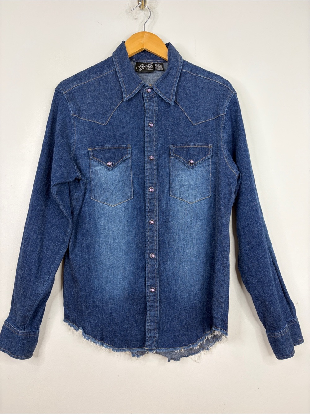 Vintage Denim Shirt Mens Medium Blue Distressed Fender Guitar Long Sleeve